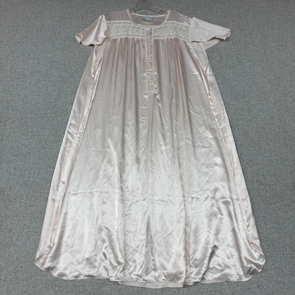 Christian Dior Nightgown 1X Pink Lace Yoke Satin Short Sleeve Vintage Sleepwear